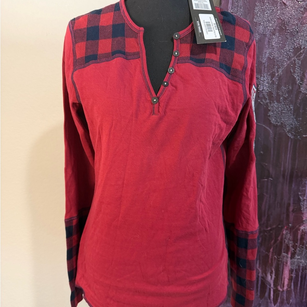 NWT Alp Rock Miley Red Long-Sleeve Henley Shirt with Plaid Accents